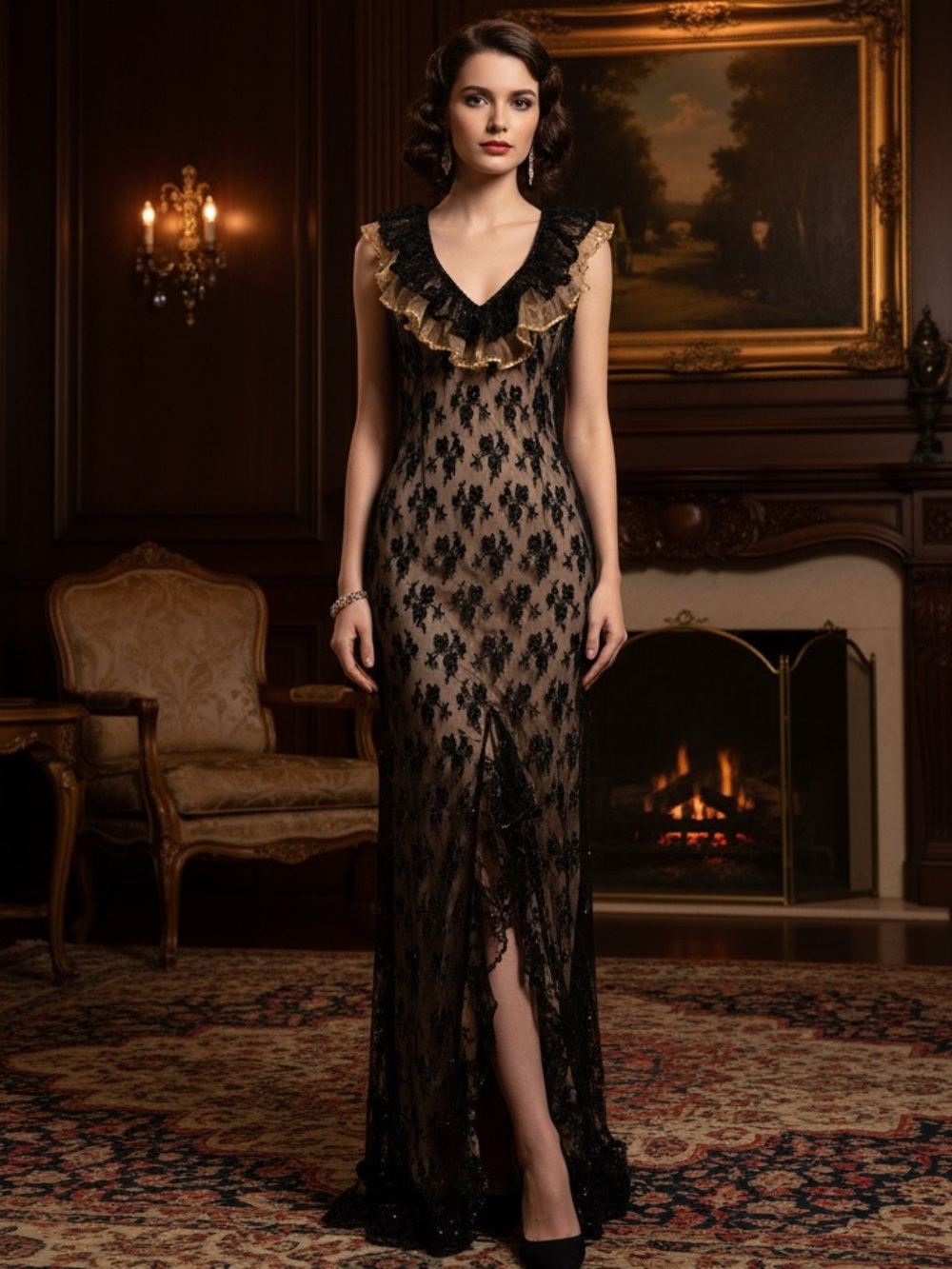 Black hand‎ beaded Lace long dress with beige lining Ruffle Detail stretch fit